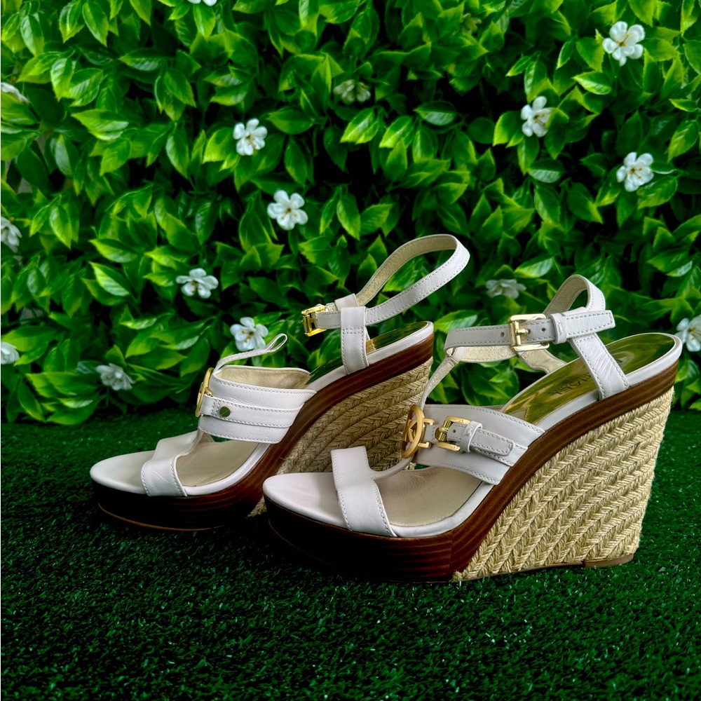 Michael Kors off-white wedge sandals with gold-tone hardware